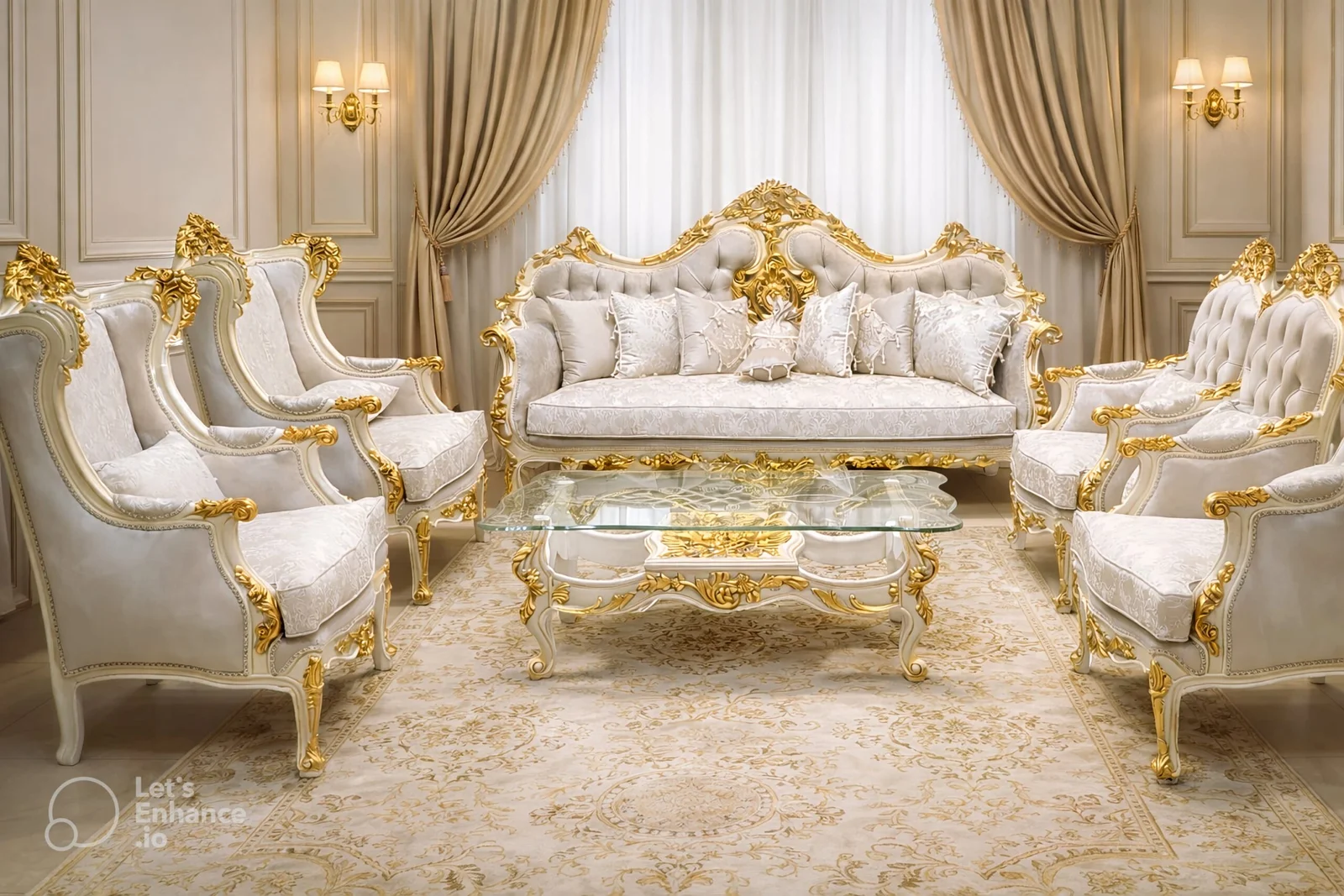 Luxury Royal Classic Sofa Set – White & Gold Elegant Living Room Collection