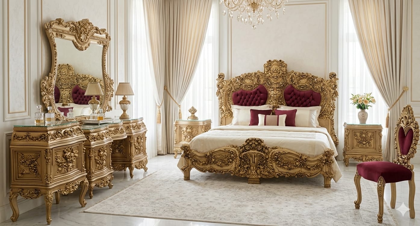 Royal Victorian Gilded Master Bedroom Set | Luxury Tufted Velvet Bed
