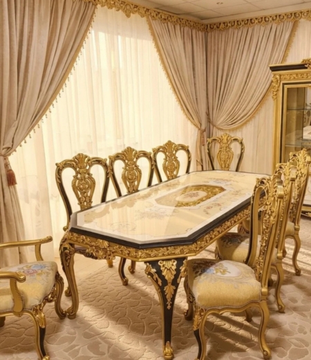 Royal Majestic Gold & Onyx Black Dining Set – 8-Piece Floral Tapestry Baroque Collection