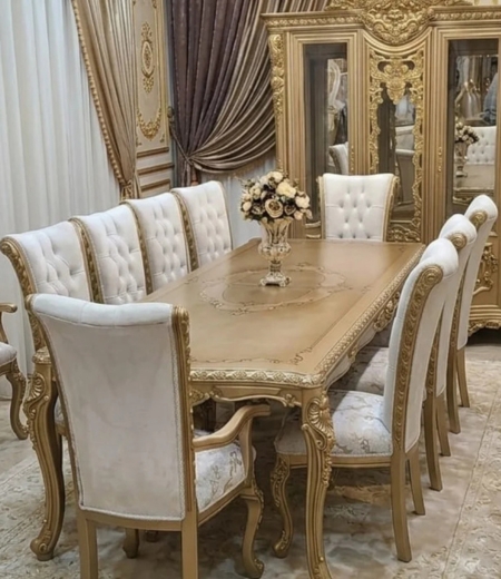 Elite Champagne Gold & Pearl White Dining Set – 8-Piece Luxury Tufted Velvet Collection
