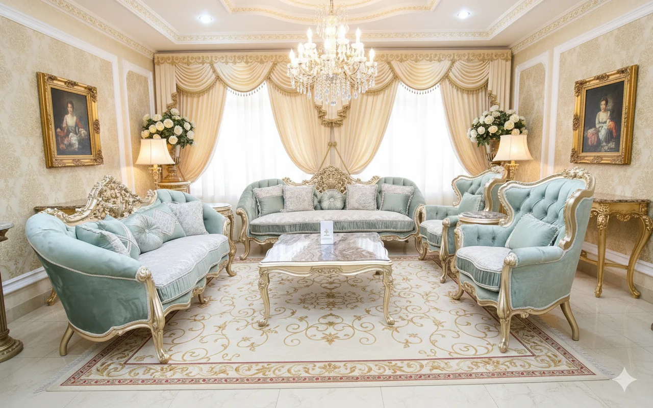 Royal Mint Green & Gold Victorian Sofa Set with Ornate Carvings