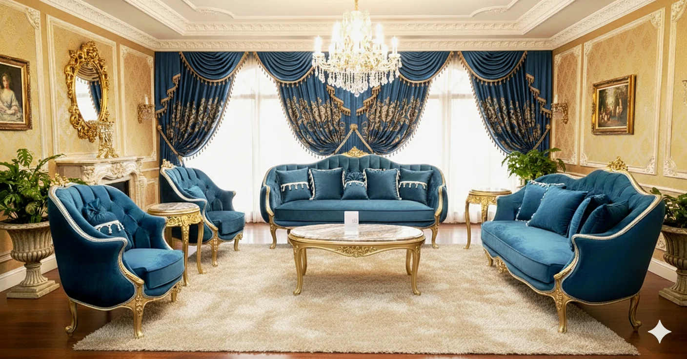 Luxury Deep Teal Velvet Sofa Set with Elegant Gold Trim