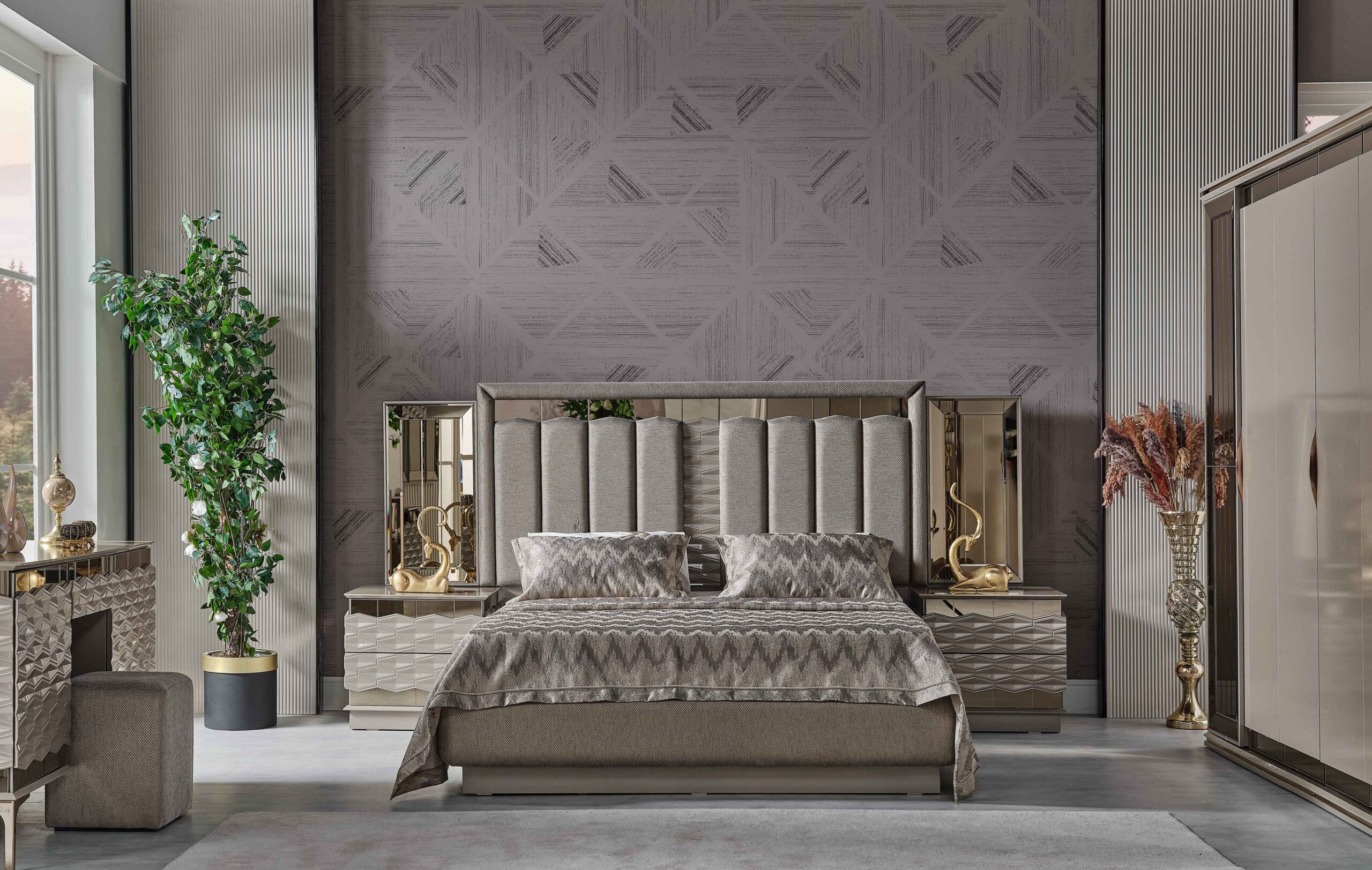 Gokce Bedroom (Queen Frame With Headboard & Dresser With Mirror & Ottoman & 2 Nightstand) - Image 9