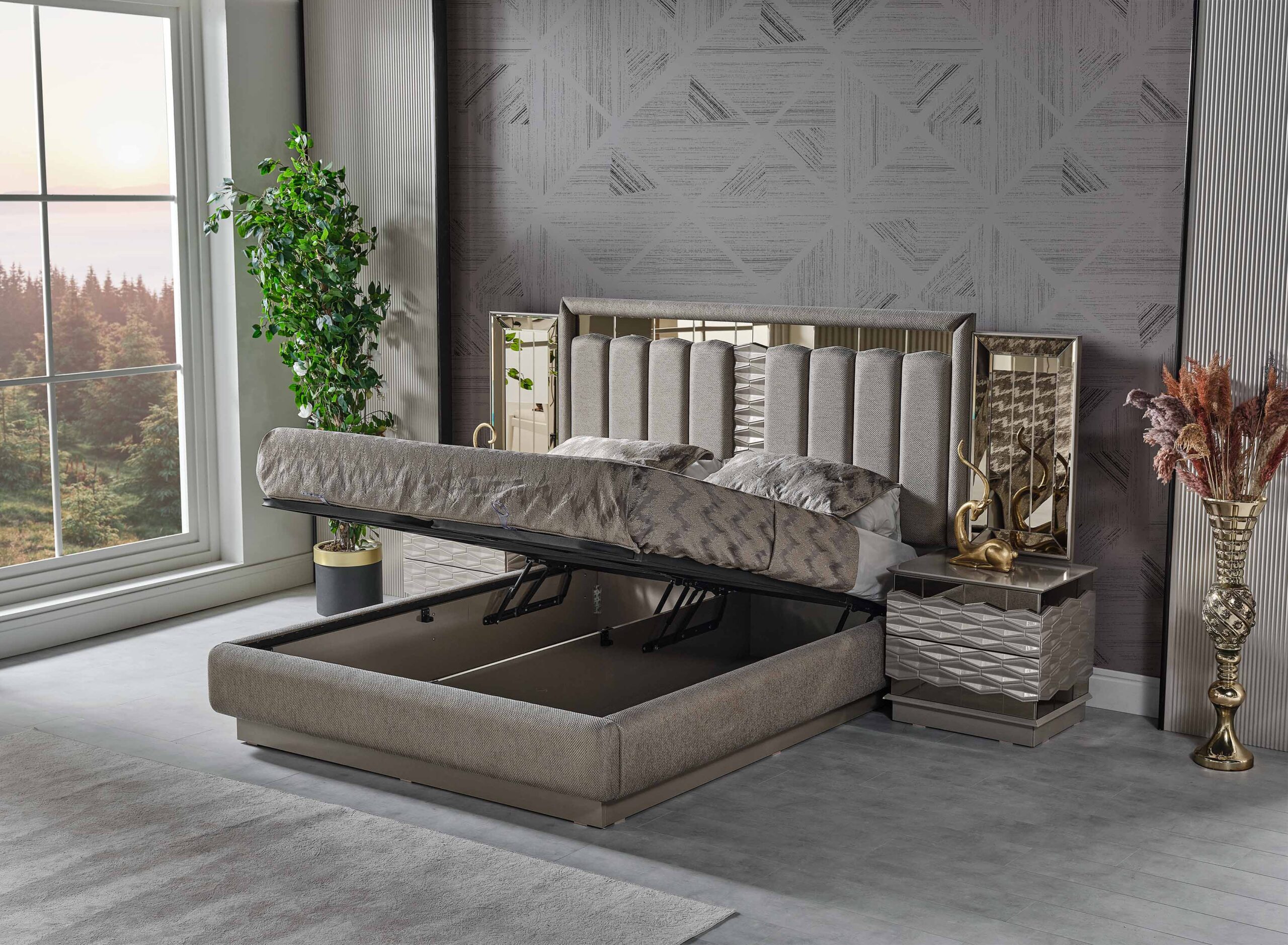 Gokce Bedroom (Queen Frame With Headboard & Dresser With Mirror & Ottoman & 2 Nightstand) - Image 14