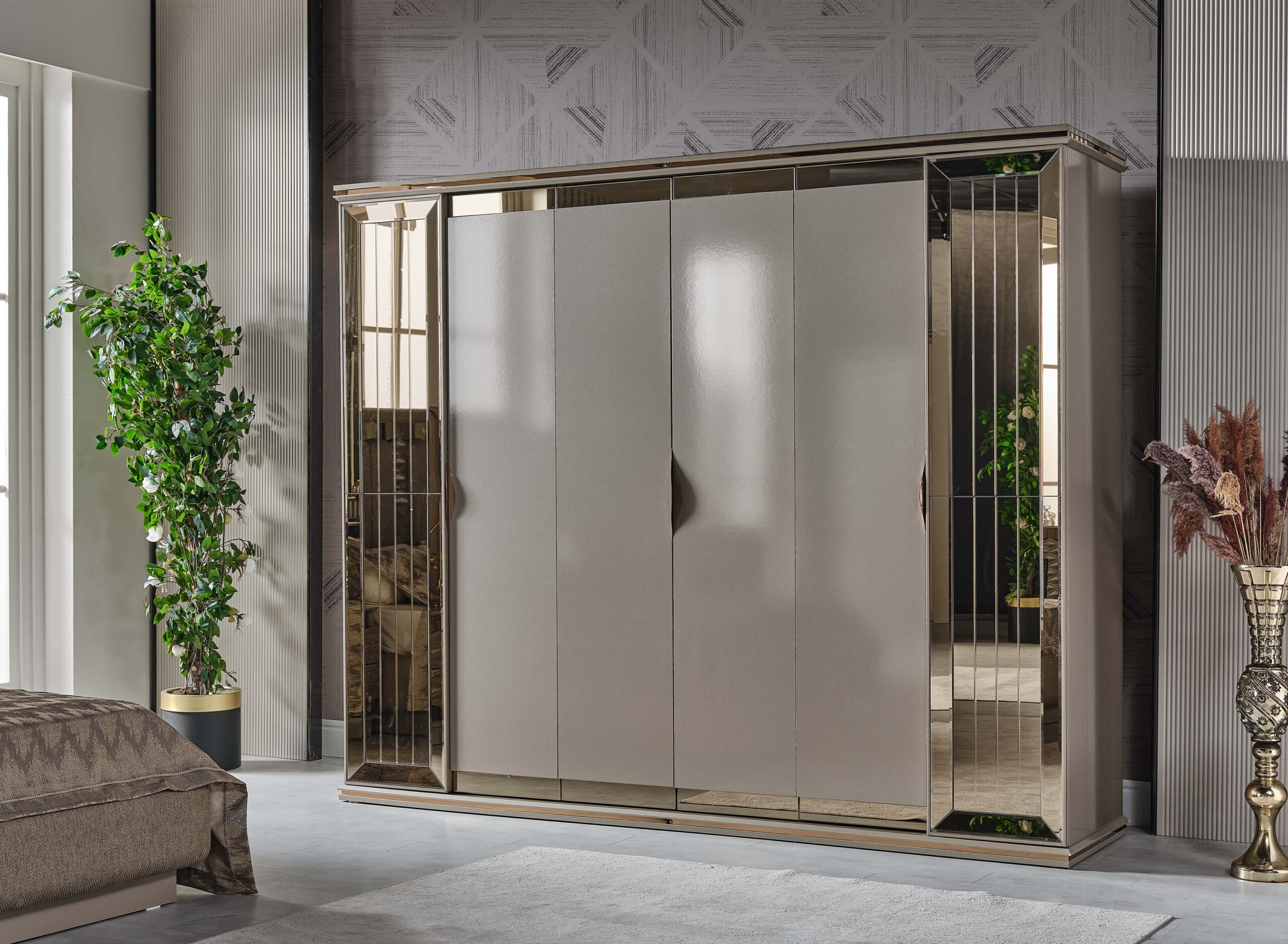 Gokce Bedroom (Queen Frame With Headboard & Dresser With Mirror & Ottoman & 2 Nightstand) - Image 2