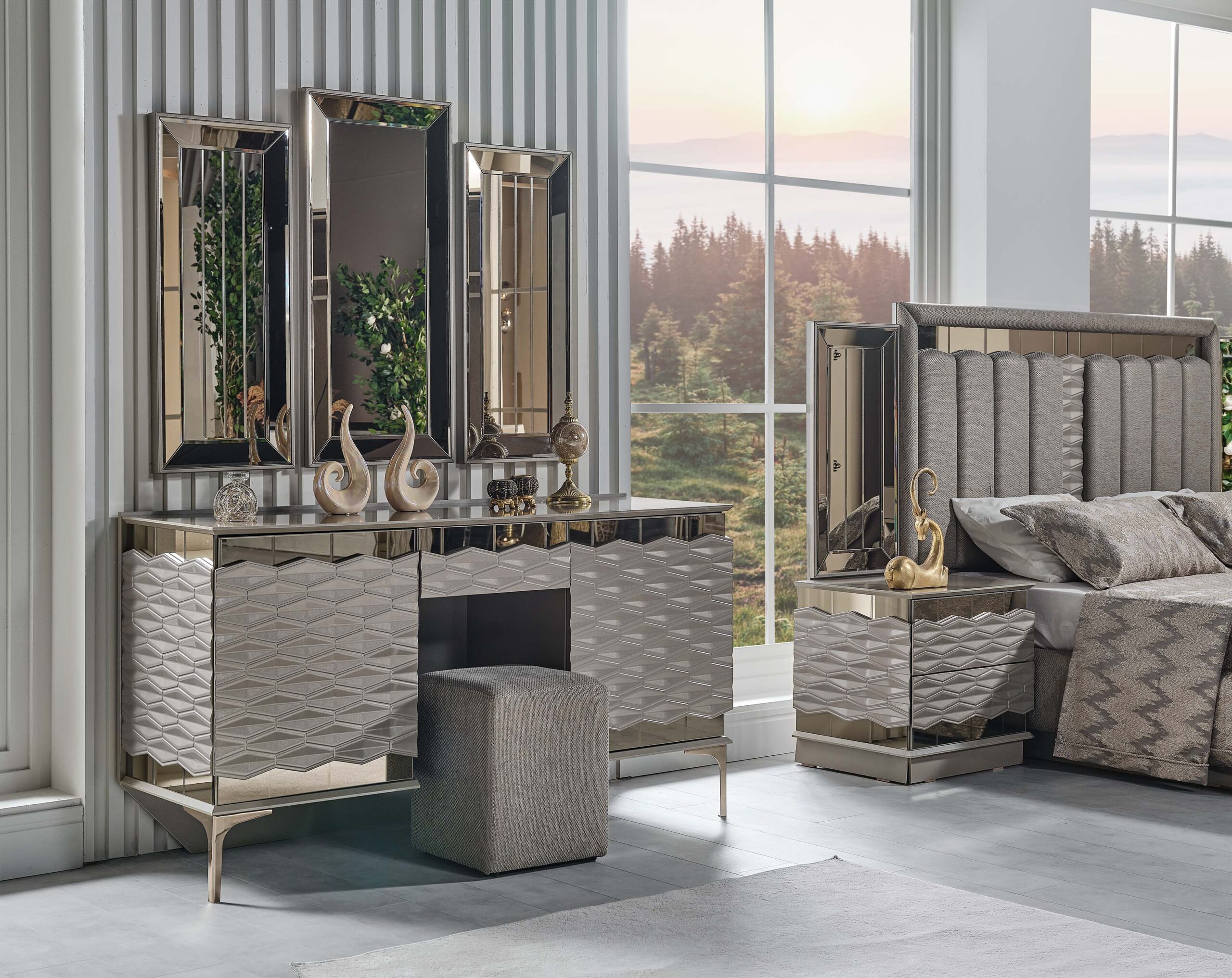 Gokce Bedroom (Queen Frame With Headboard & Dresser With Mirror & Ottoman & 2 Nightstand) - Image 6