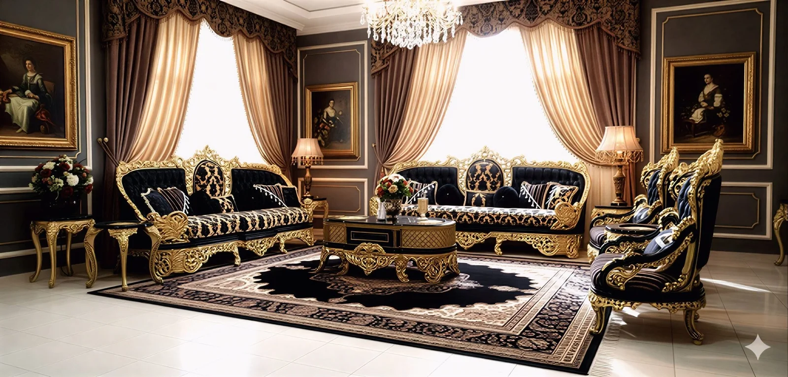 Royal Black & Gold Victorian Sofa Suite – (Aritocratic Look) - Image 2