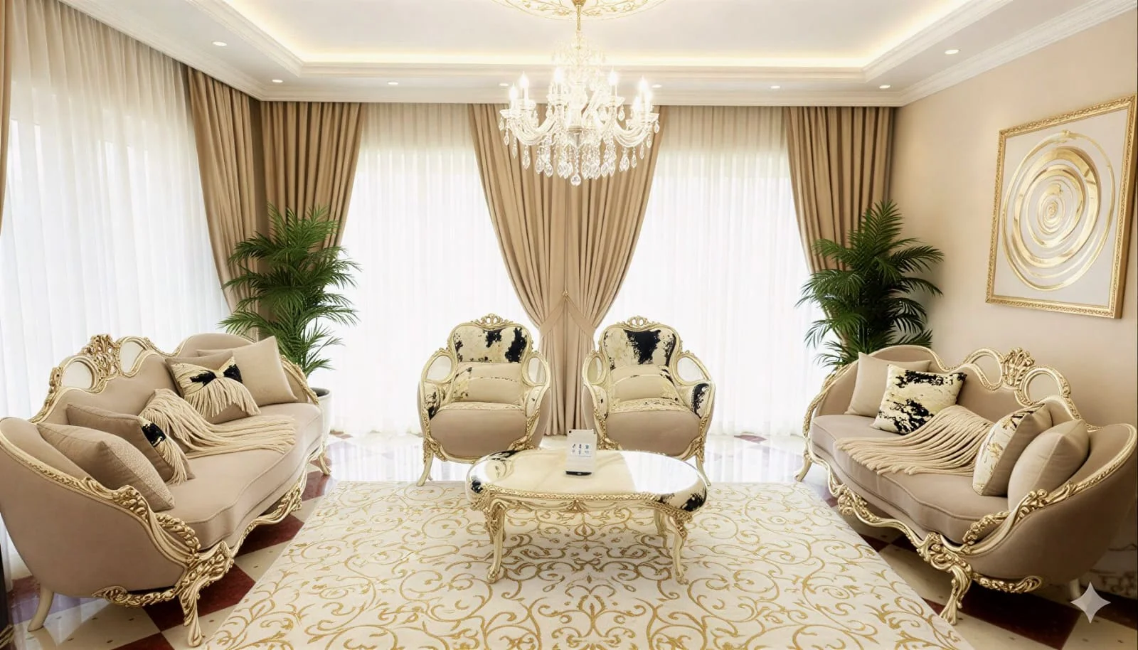 Premium Beige & Gold Luxury Sofa Set with Elegant Curved Frames