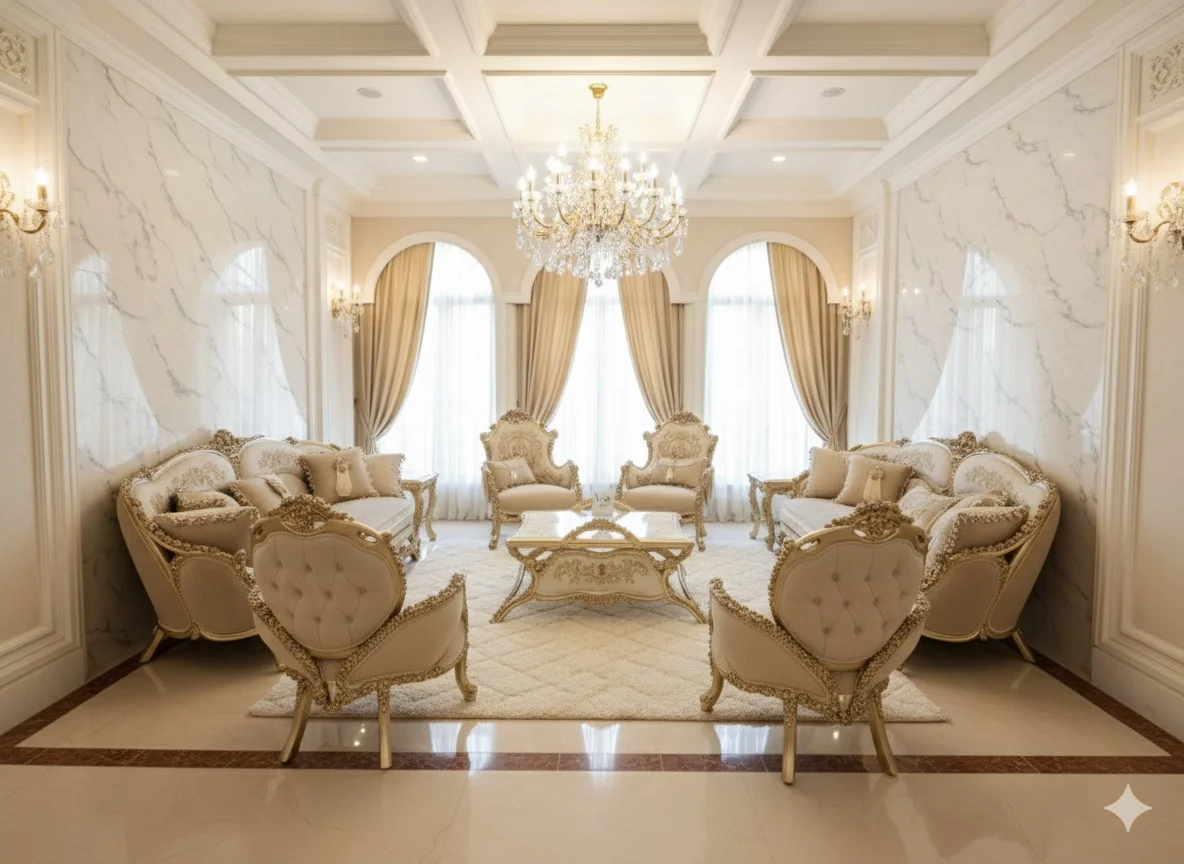 Midnight Blue Velvet Baroque Sofa Set with Intricate Gold Brocade