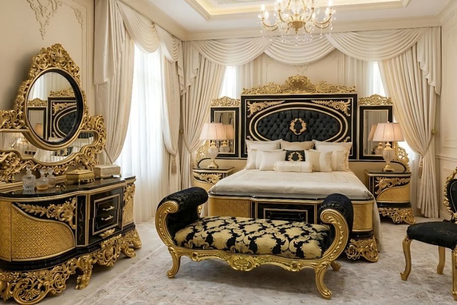 Royal Majestic Bedroom Suite (Premium Gold & Midnight Black Finish)