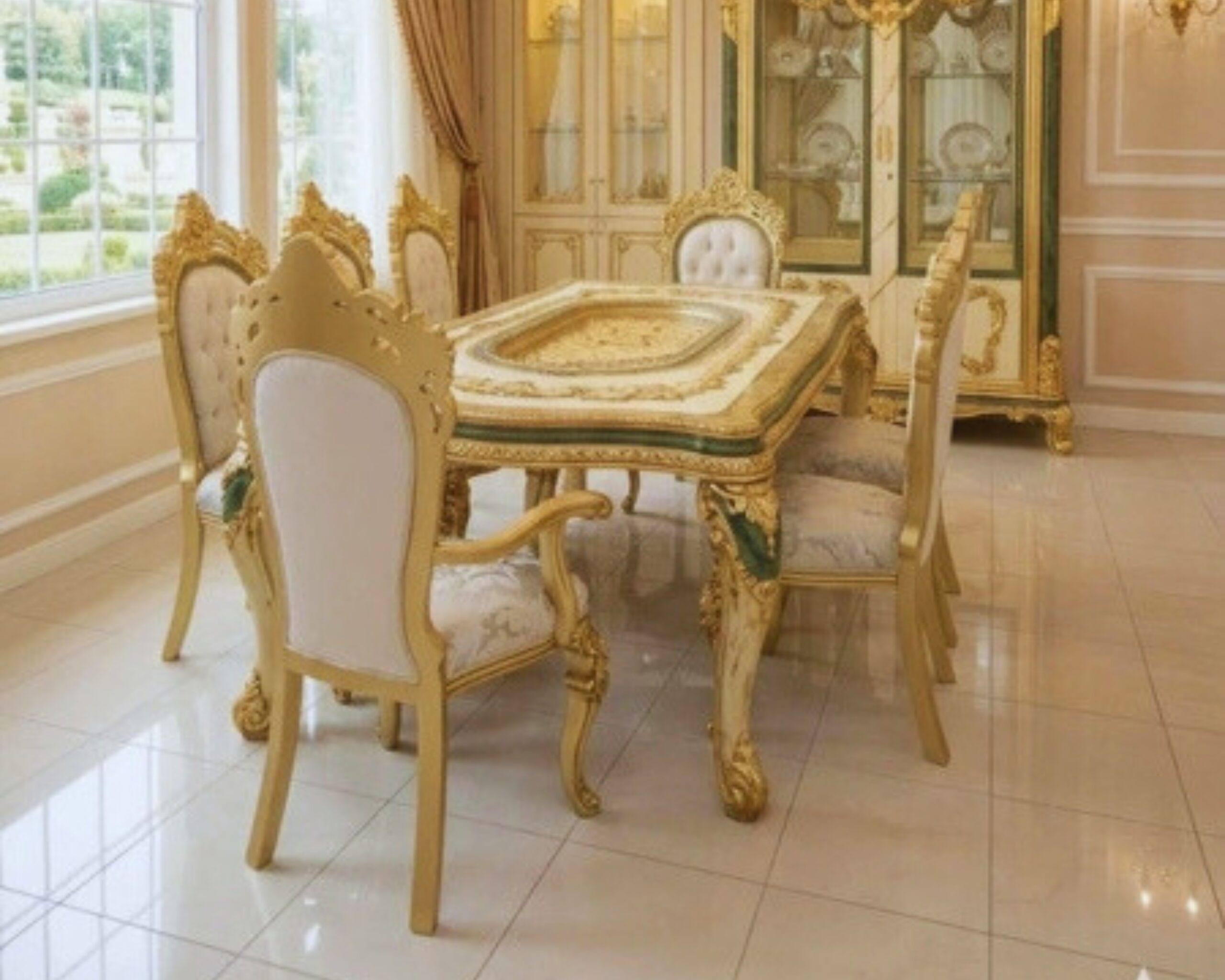 Royal Victorian Gold-Leafed Dining Set – Hand-Carved Luxury Dining Table and Chairs