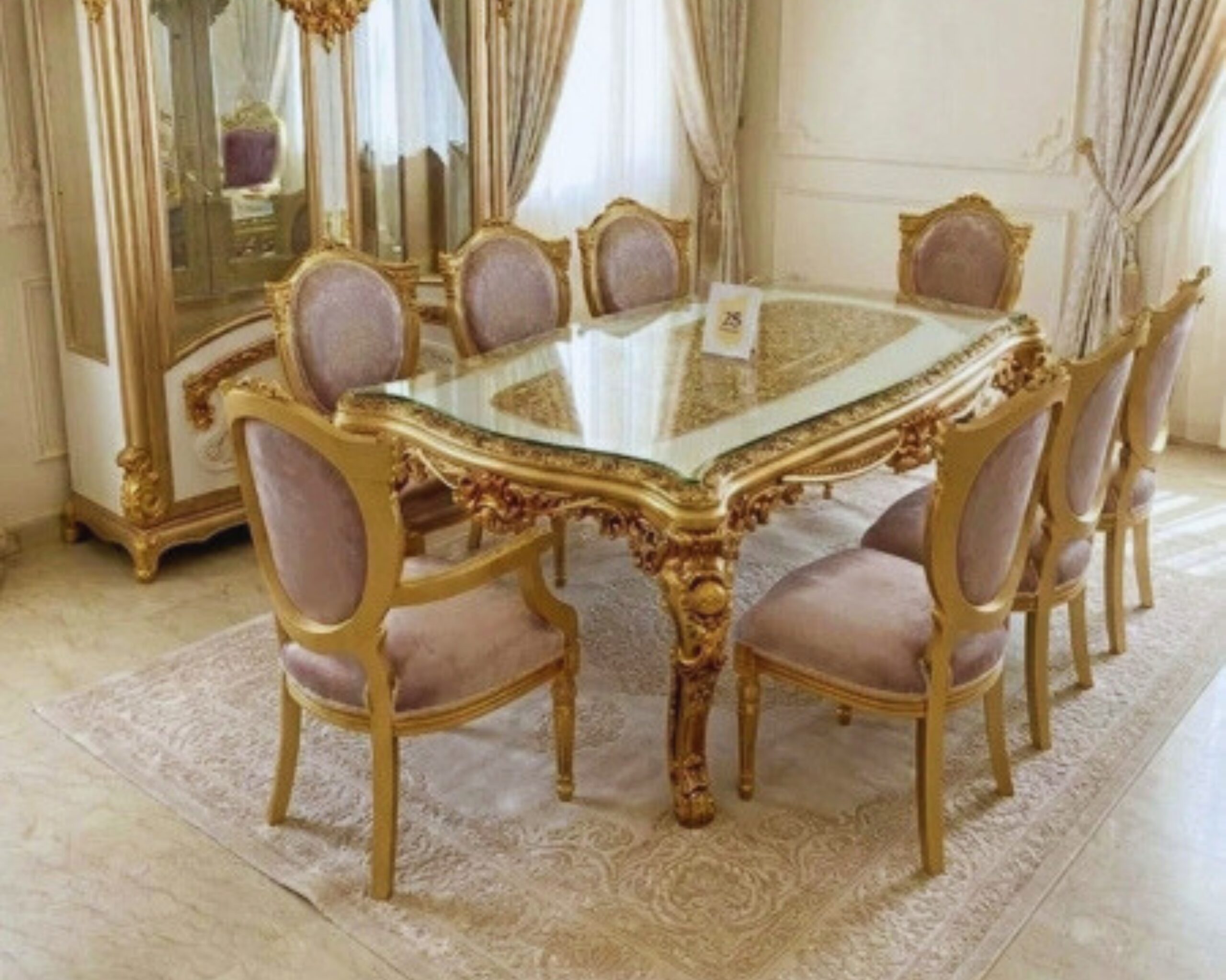 Imperial Gold & Champagne Velvet Dining Set – 8-Piece Hand-Carved Victorian Masterpiece