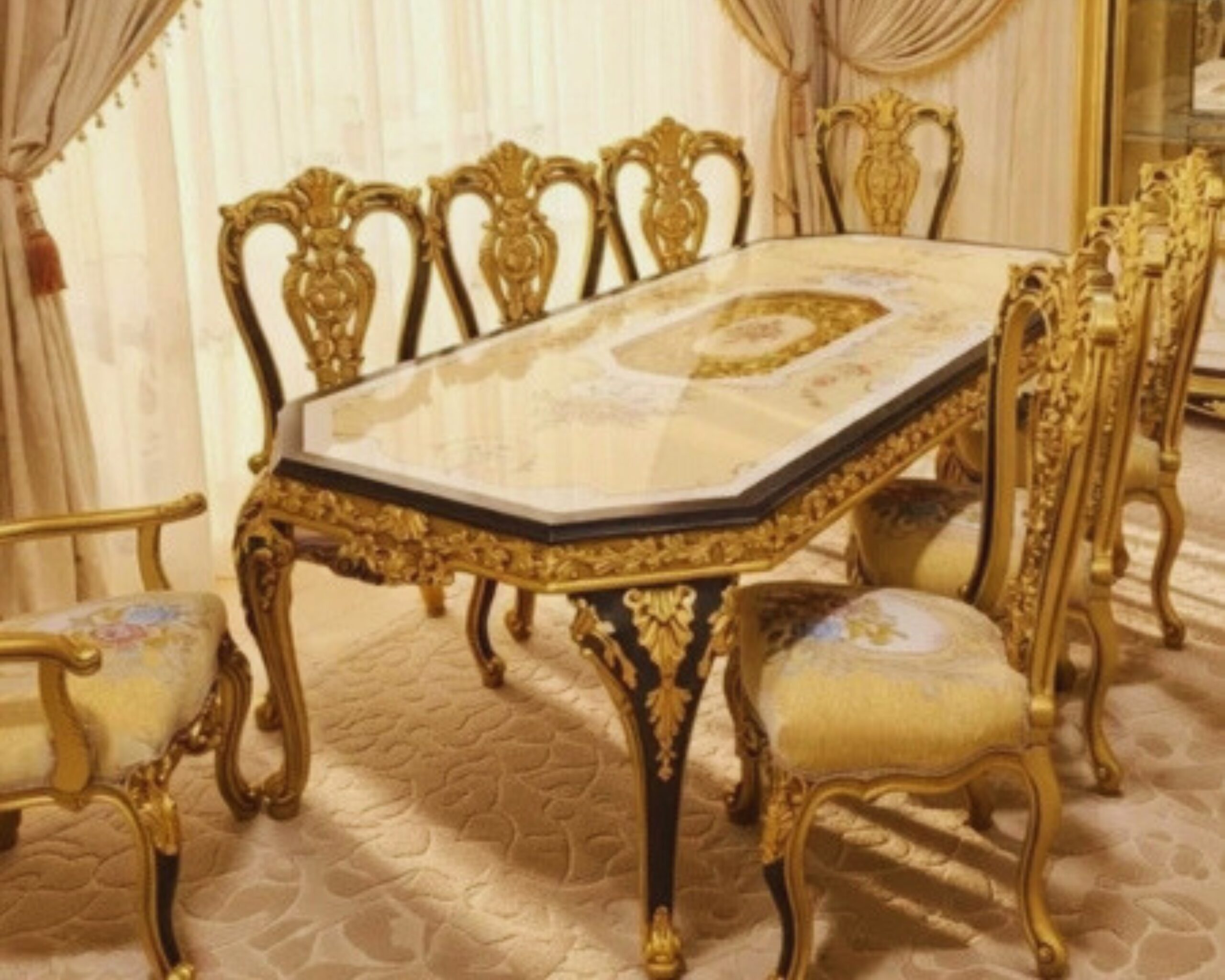 Royal Majestic Gold & Onyx Black Dining Set – 8-Piece Floral Tapestry Baroque Collection