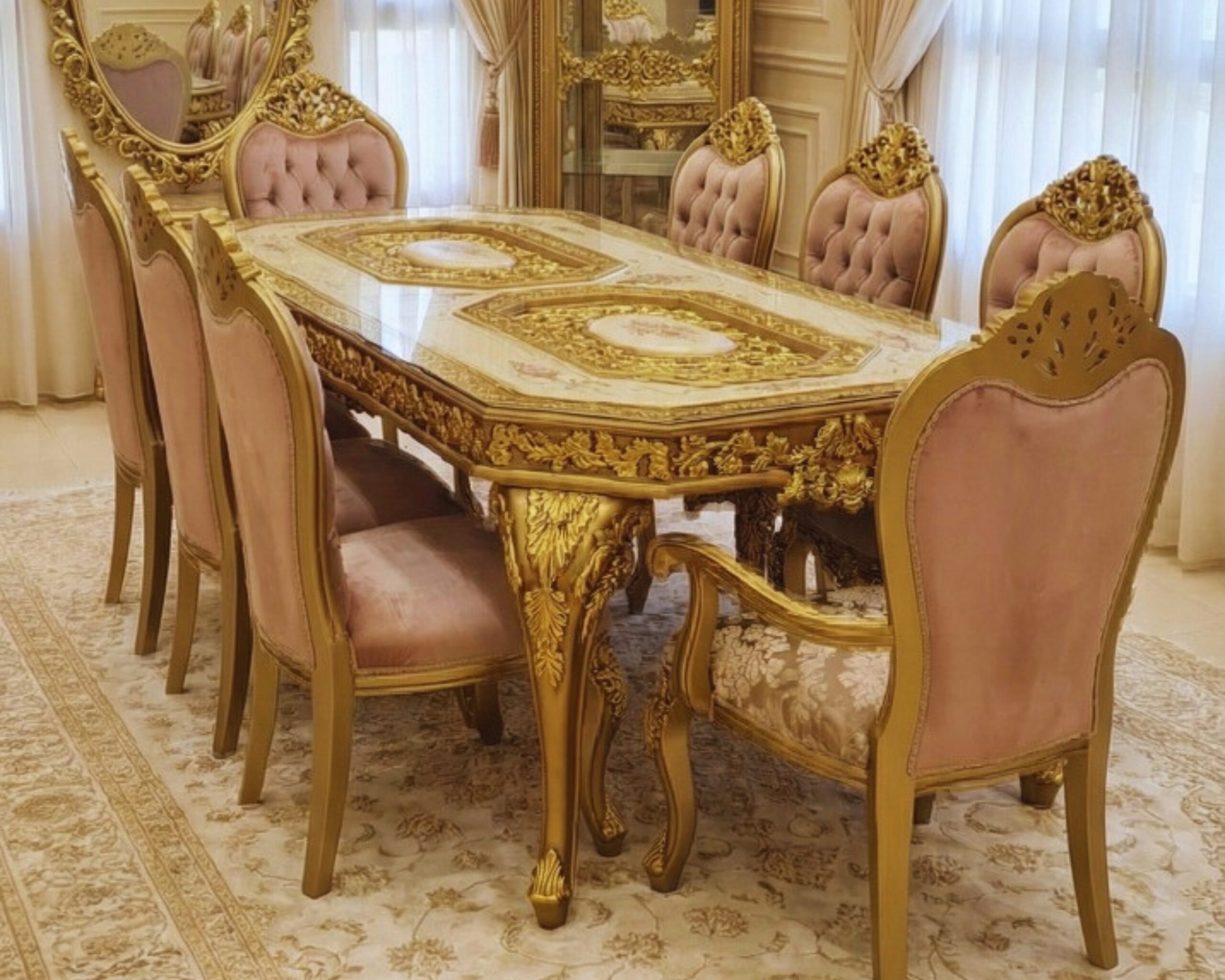 Victorian Rose & Antique Gold Dining Set – 8-Piece Hand-Carved Baroque Masterpiece
