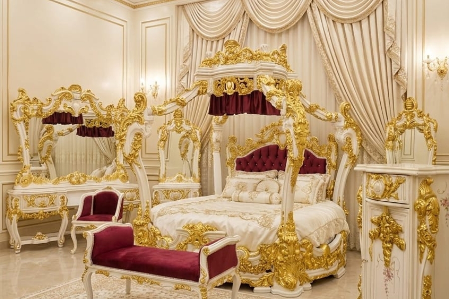 Grand Versailles Canopy Bedroom Suite (Royal Burgundy & Gold Edition)
