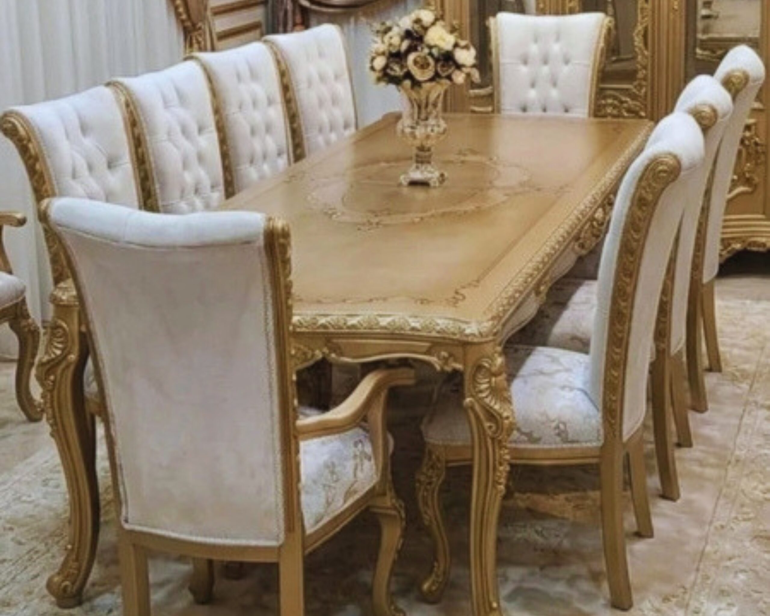 Elite Champagne Gold & Pearl White Dining Set – 8-Piece Luxury Tufted Velvet Collection