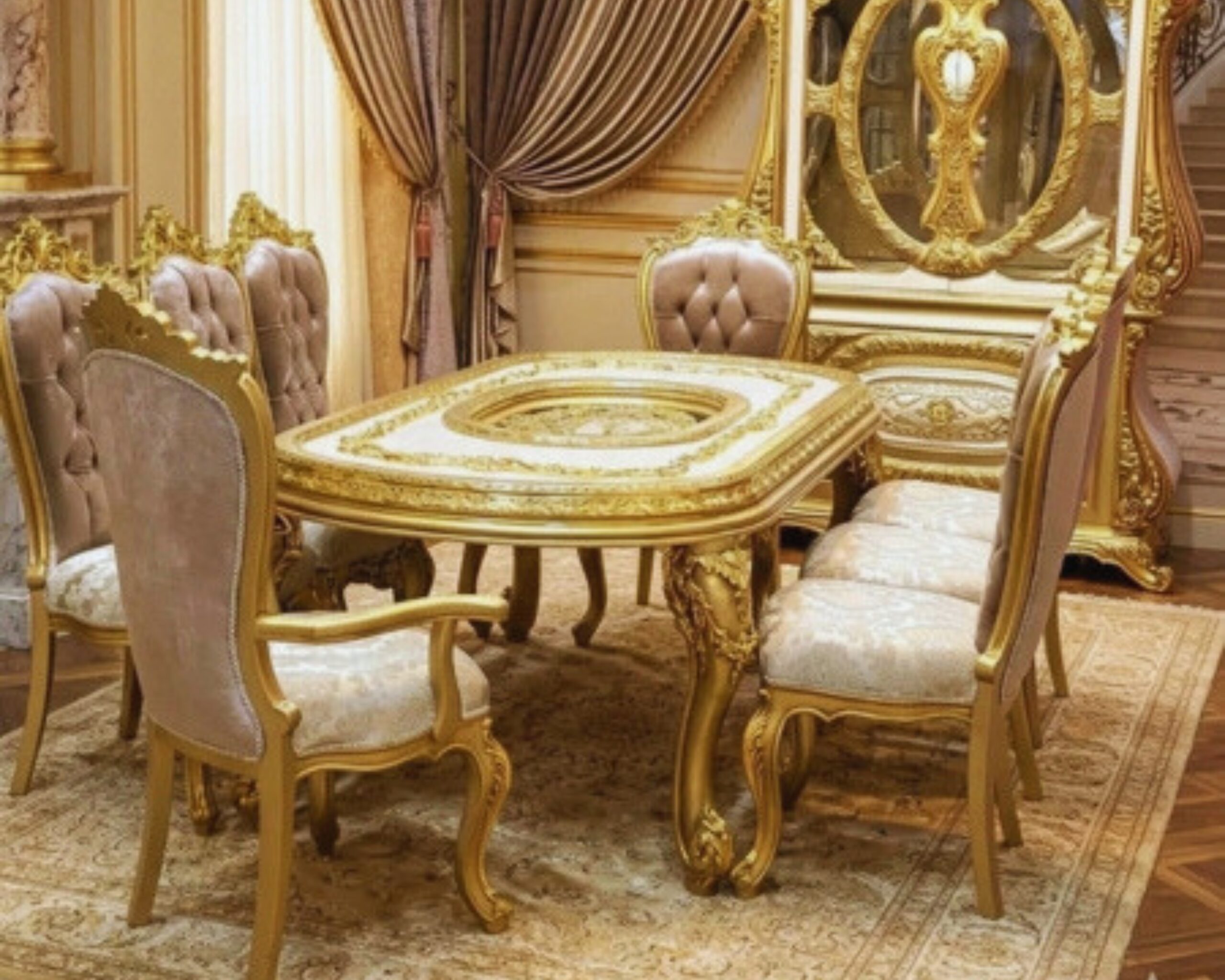 Royal Oval Gold & Taupe Dining Set – 6-Seater Hand-Carved Baroque Masterpiece with Medallion Inlay