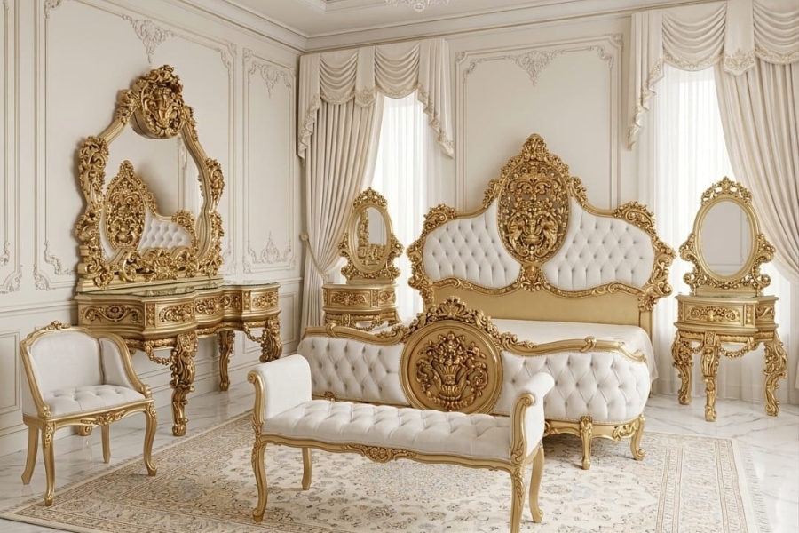 Royal Regency Bedroom Suite (Antique Gold & Diamond Tufted Pearl)