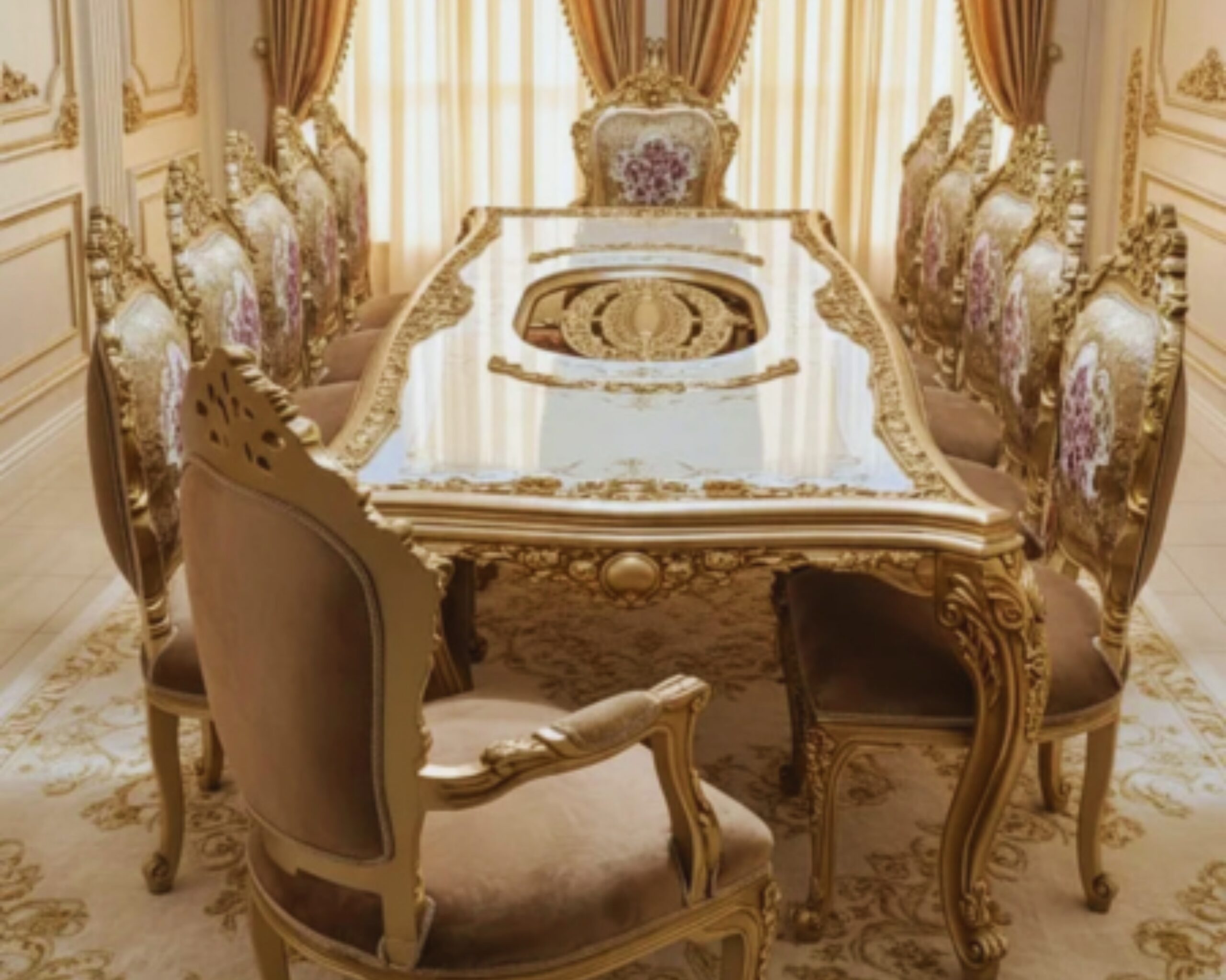 Palatial Grand Estate Dining Set – 12-Seater Gold Leaf & Ivory Baroque Collection with Floral Embroidery