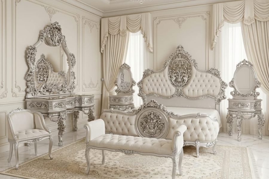 Majestic Silver-Leaf Bedroom Suite (Tufted Pearl & Antique Chrome Finish)