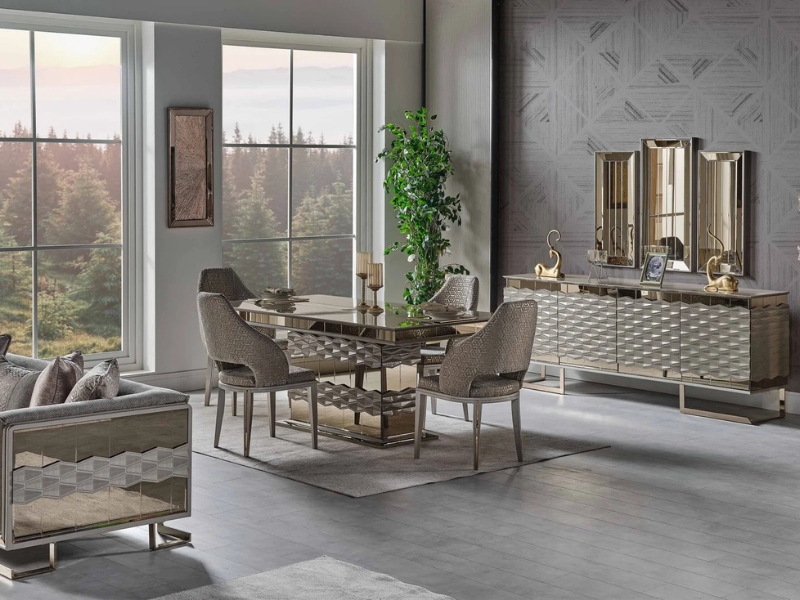 Gokce Diningroom (Consol With Mirror & Dining Table & 6 Dining Chair) Fast Delivery New