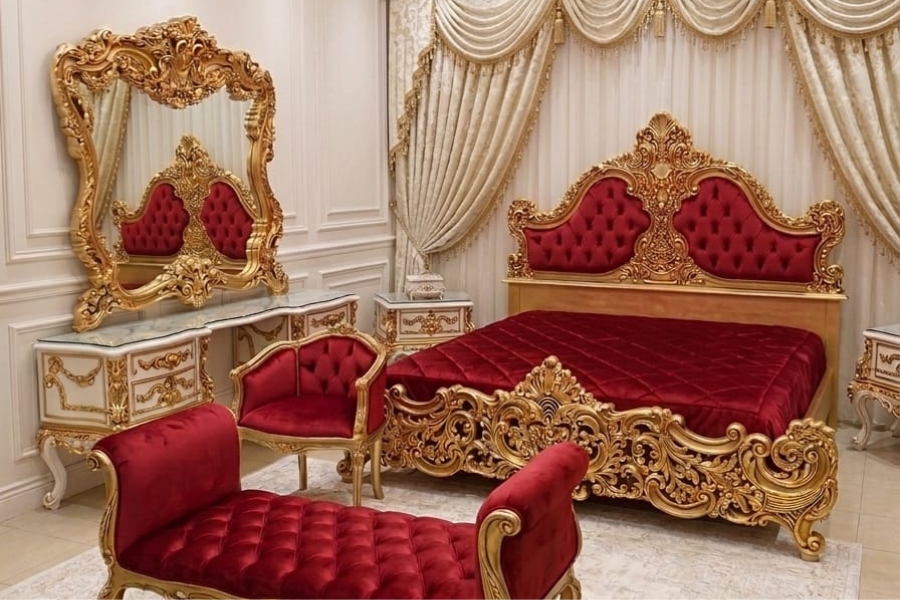 Grand Crimson & Gold Royal Bedroom Suite (Exquisite Baroque Edition)