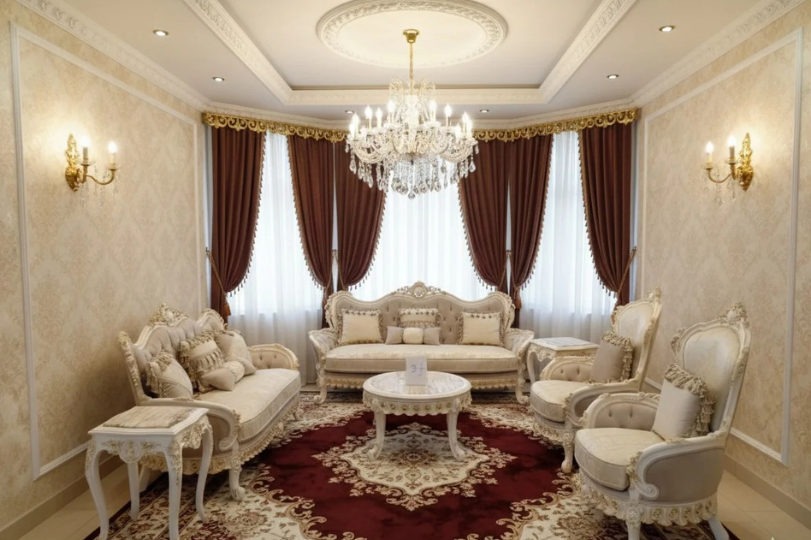 Grand Ivory & Gold Curved Sofa Set with Marble Top Center Table