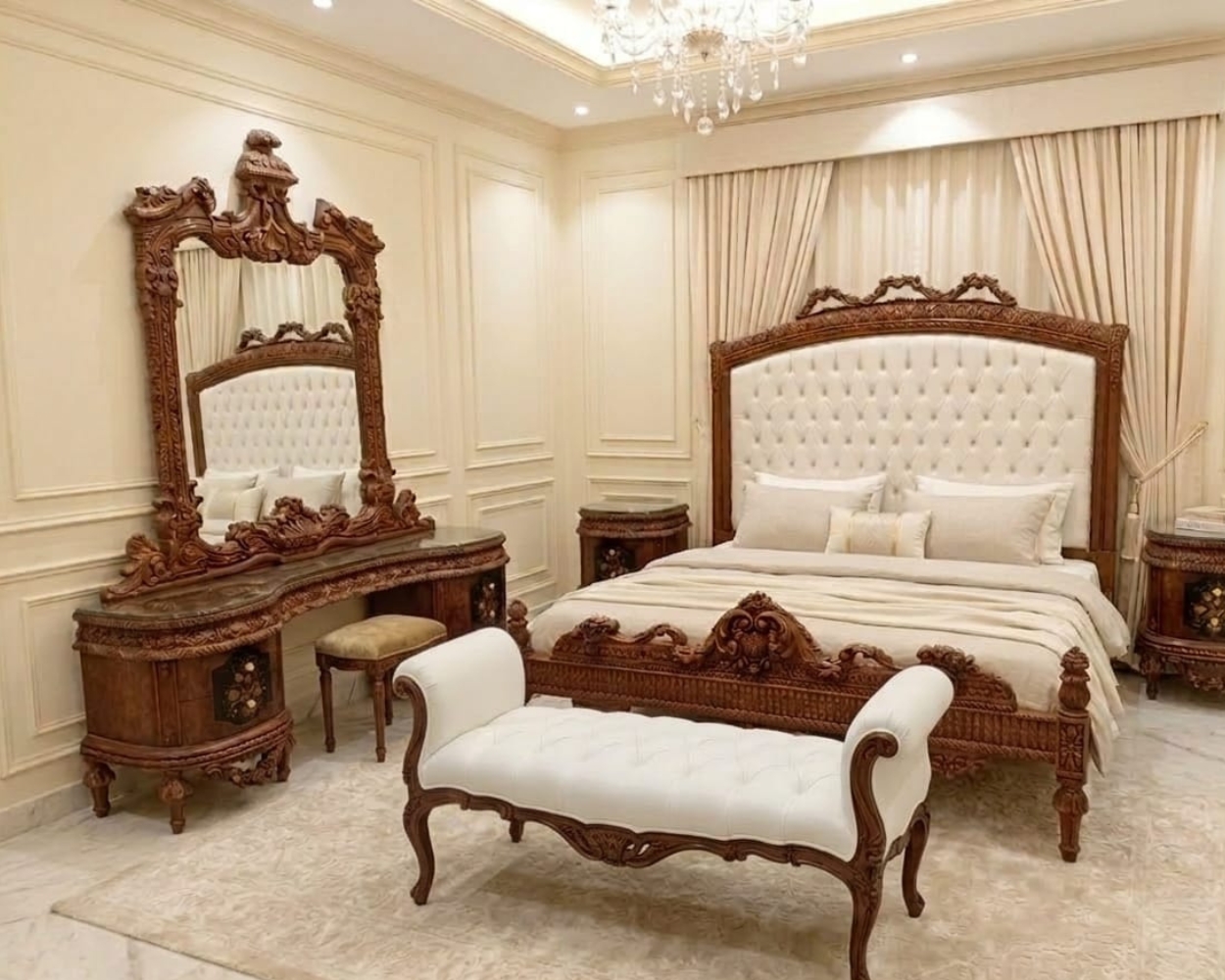 Royal Walnut & Ivory Hand-Carved Victorian Bedroom Suite