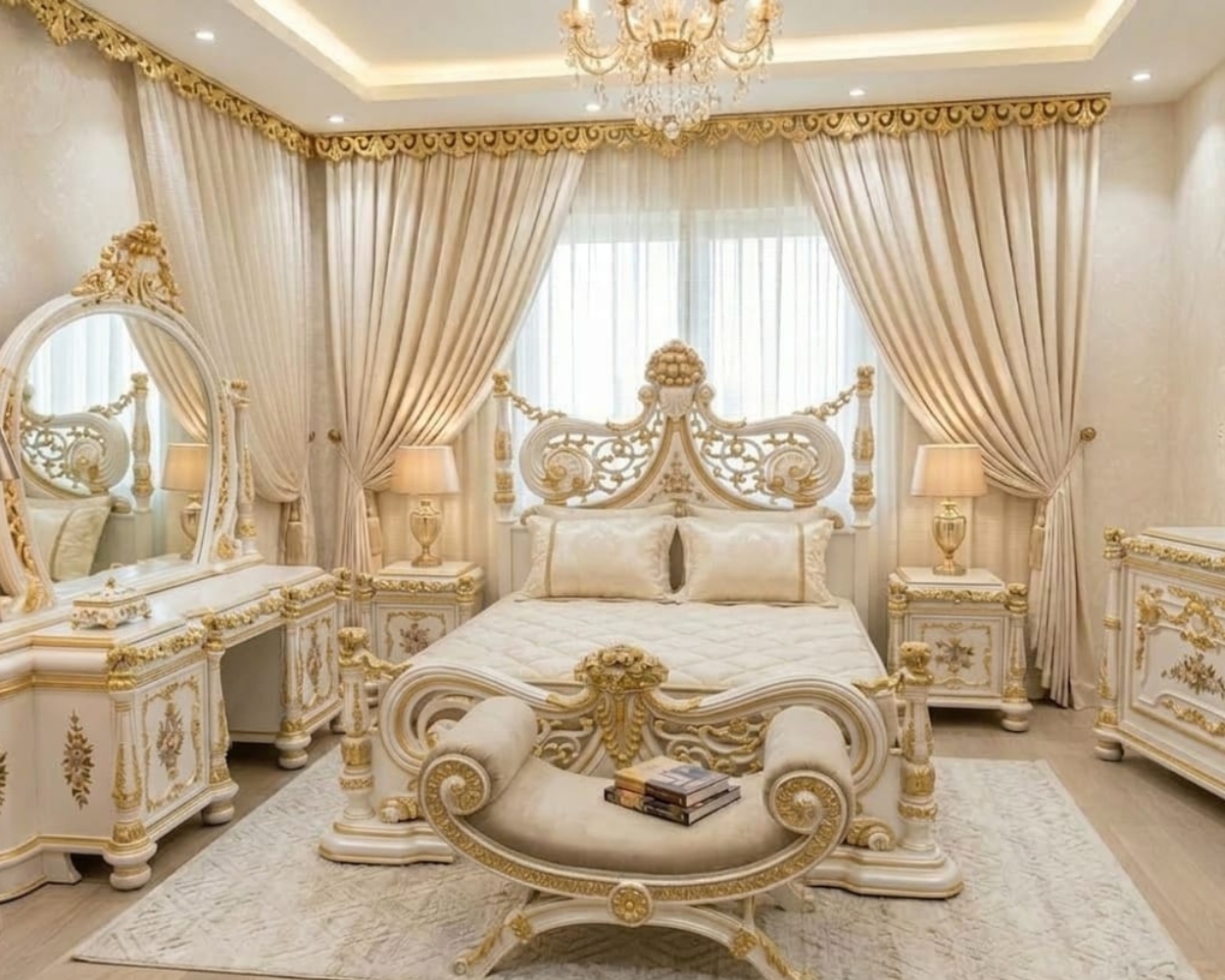 Elite Pearl & Gold Filigree Victorian Bedroom Suite