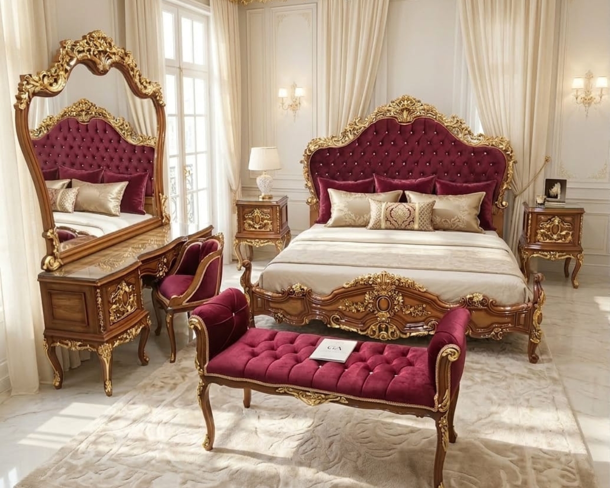 Heritage Crimson & Walnut Baroque Master Suite | Sovereign Wood Edition