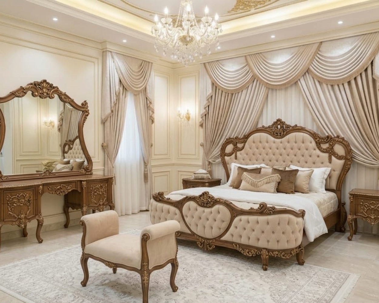 Antique Walnut Royal Bedroom Set – Baroque Hand-Carved Solid Wood Master Collection