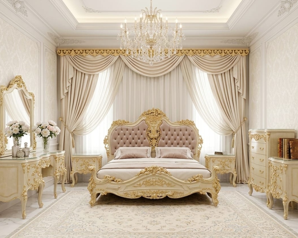 Graceful Rococo Bedroom Suite (Champagne Gold & Blush Velvet Edition)