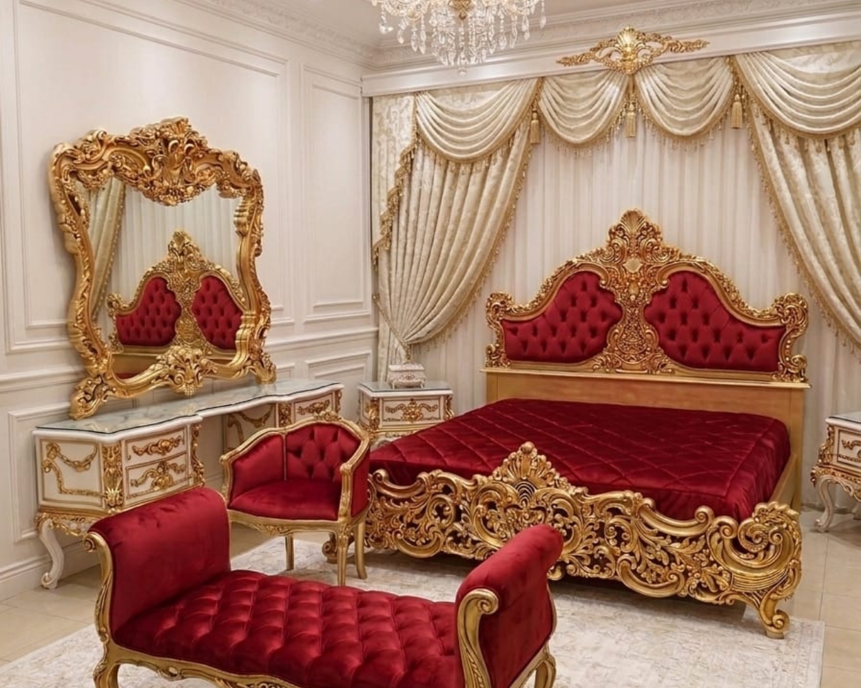 Grand Crimson & Gold Royal Bedroom Suite (Exquisite Baroque Edition)