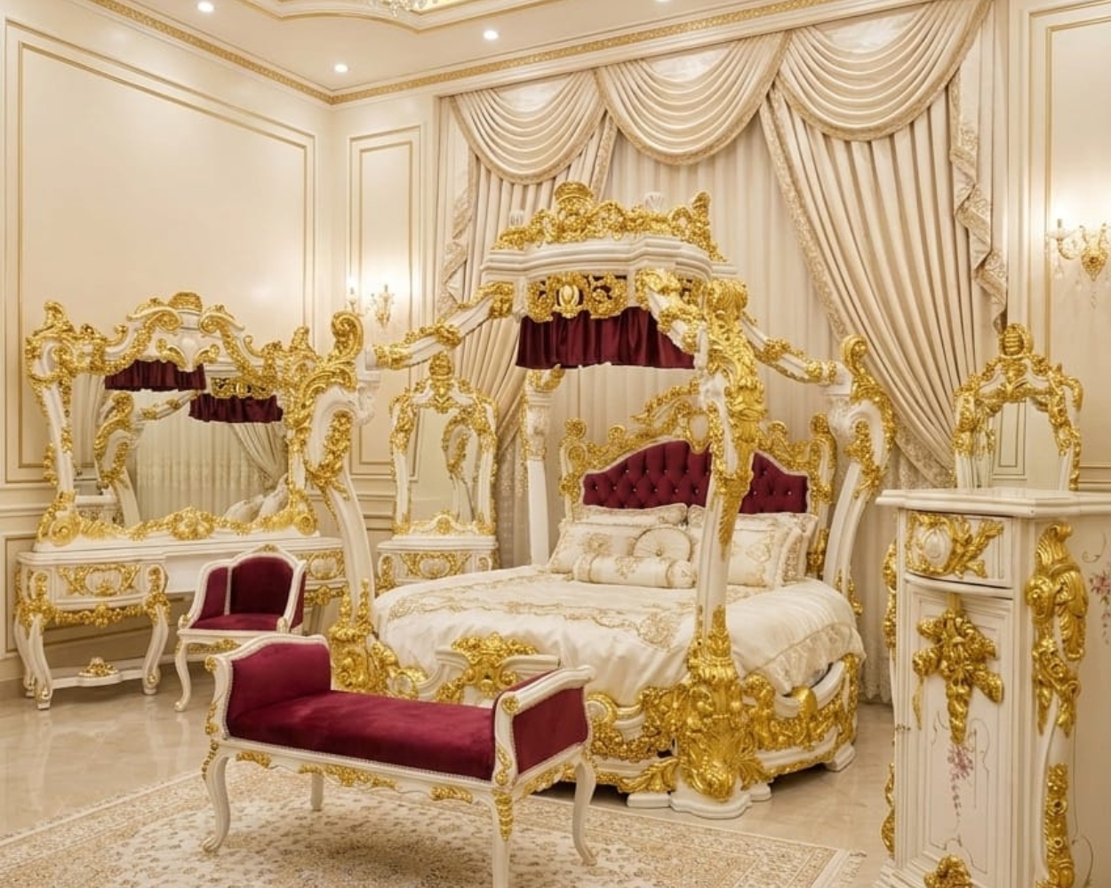 Grand Versailles Canopy Bedroom Suite (Royal Burgundy & Gold Edition)