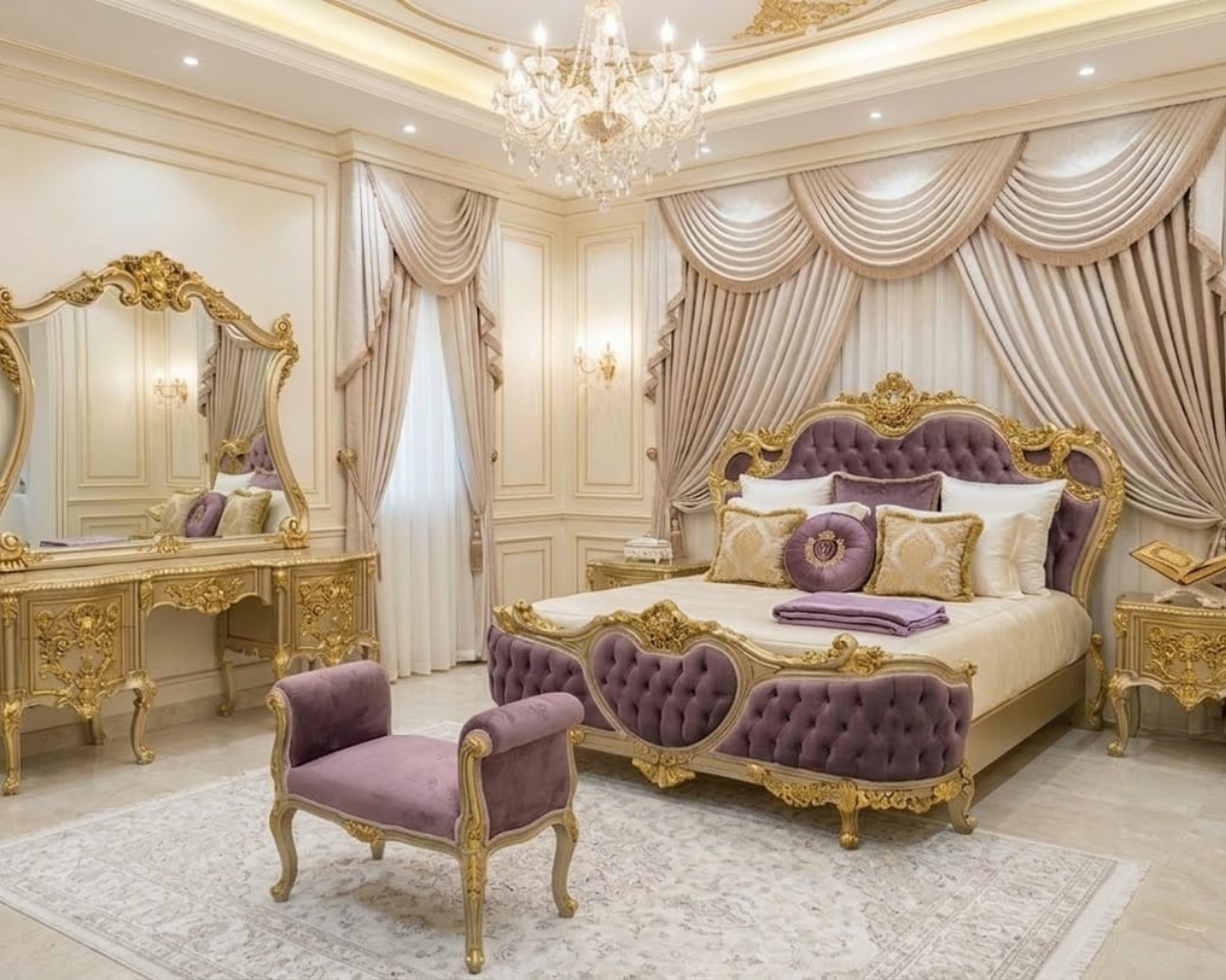 Imperial Gold & Mauve Velvet Bedroom Set – 24K Gold Leaf Finish Hand-Carved Royal Master Suite