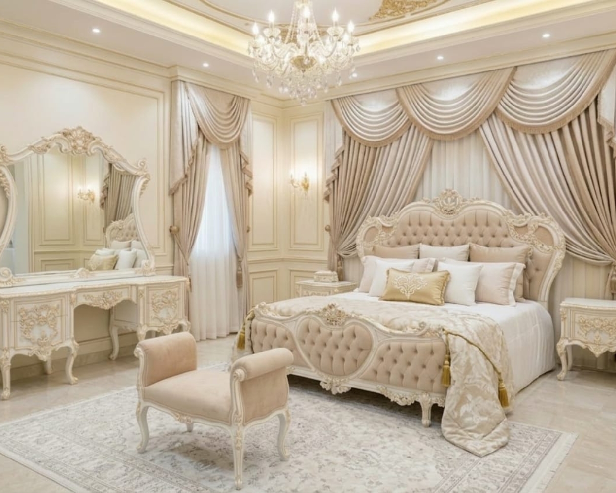 Luxury Royal Victorian Style Bedroom Set – Premium Off-White & Gold Finish