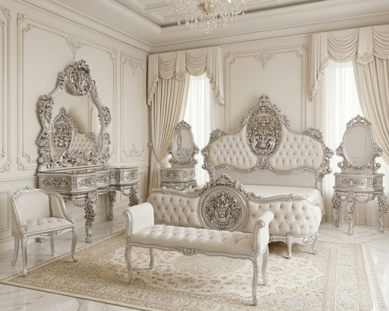 Majestic Silver-Leaf Bedroom Suite (Tufted Pearl & Antique Chrome Finish)