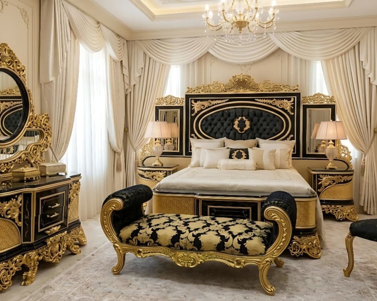 Royal Majestic Bedroom Suite (Premium Gold & Midnight Black Finish)