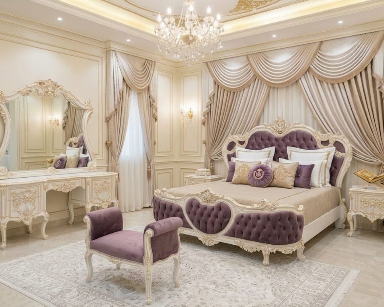 Royal Mauve Velvet Bedroom Set – Luxury Off-White & Gold Hand-Carved Baroque Collection