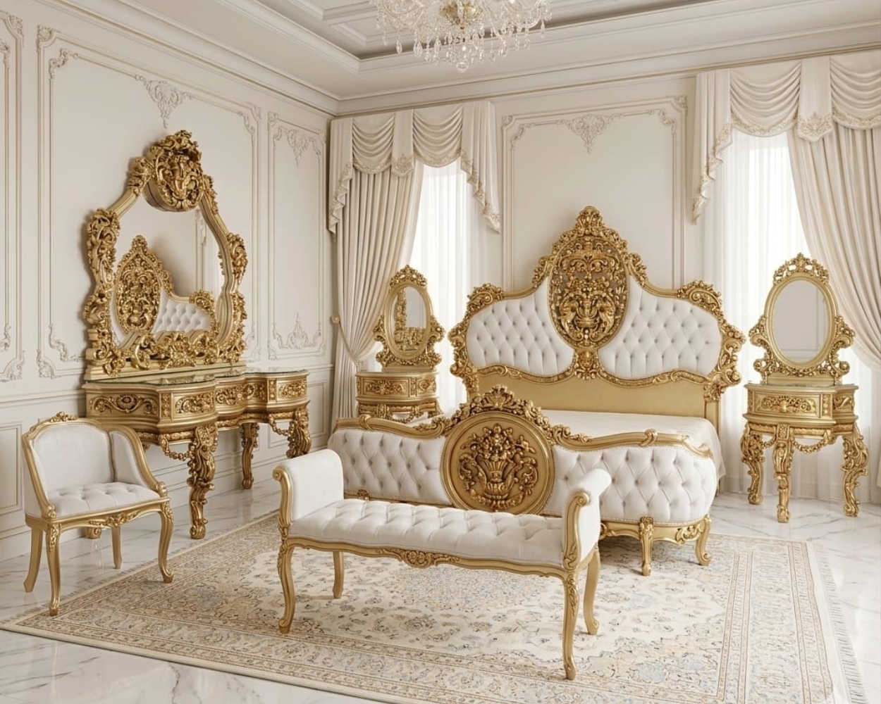 Royal Regency Bedroom Suite (Antique Gold & Diamond Tufted Pearl)