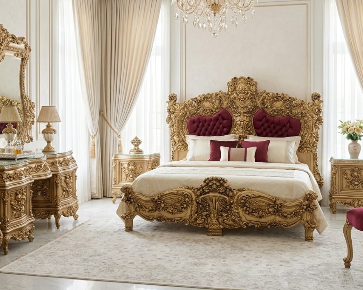 Royal Victorian Gilded Master Bedroom Set | Luxury Tufted Velvet Bed