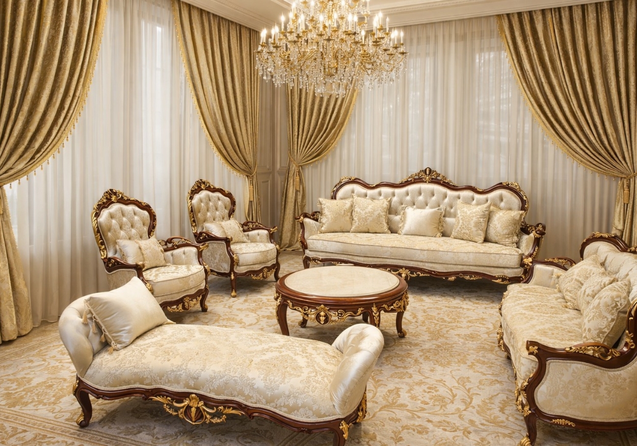 Antique Mahogany & Gold Sofa Set with Cream Damask Upholstery