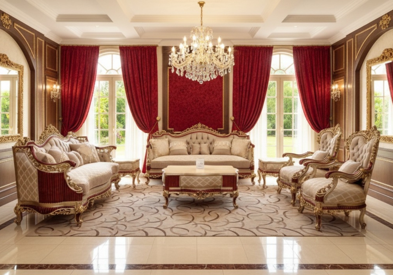 Classic Champagne & Gold Luxury Sofa Set for Formal Drawing Rooms