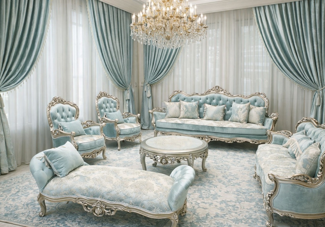 Elegant Sky Blue & Silver Carved Sofa Set with Matching Chaise Longue