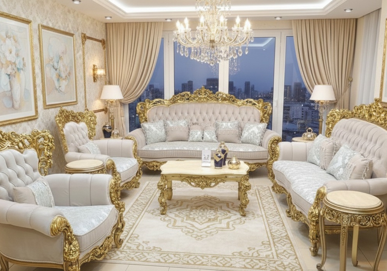 Elegant Sky Blue & Silver Carved Sofa Set with Matching Chaise Longue