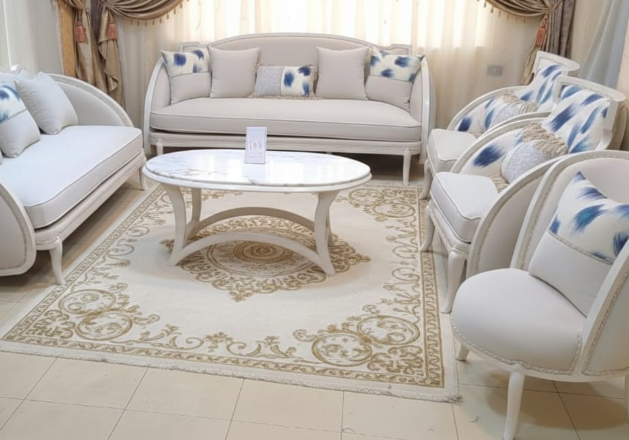 Luxury Modern White Curved Sofa Set with Marble Top Coffee Table