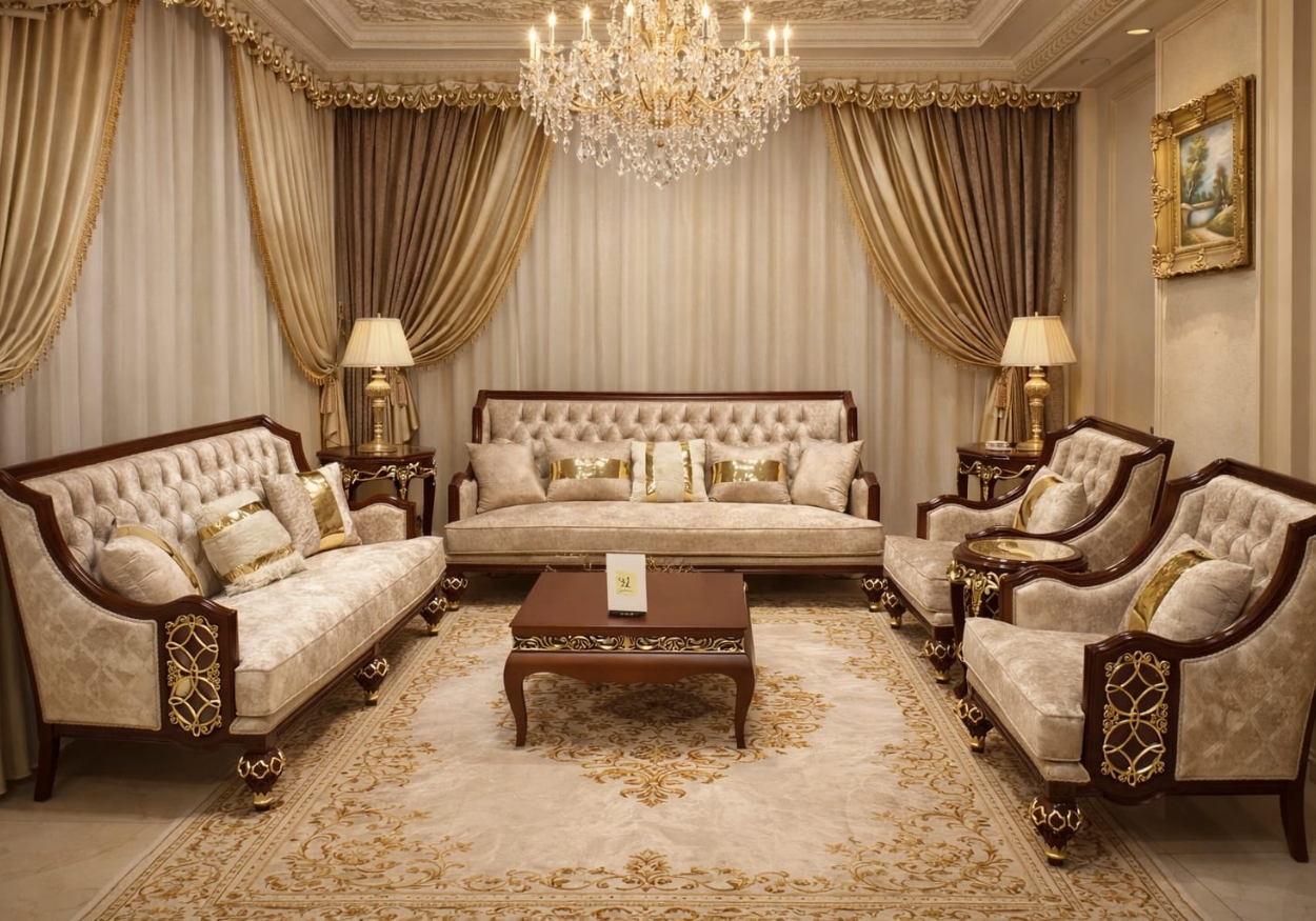 Gilded Architectural Gold-Leaf Sofa Set in Champagne Silk & Baroque Curvature