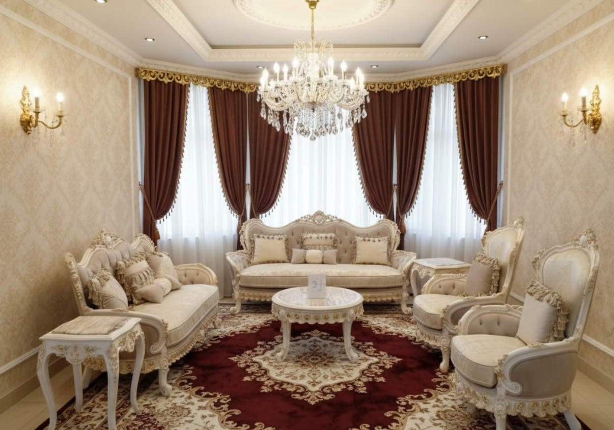 Grand Ivory & Gold Curved Sofa Set with Marble Top Center Table