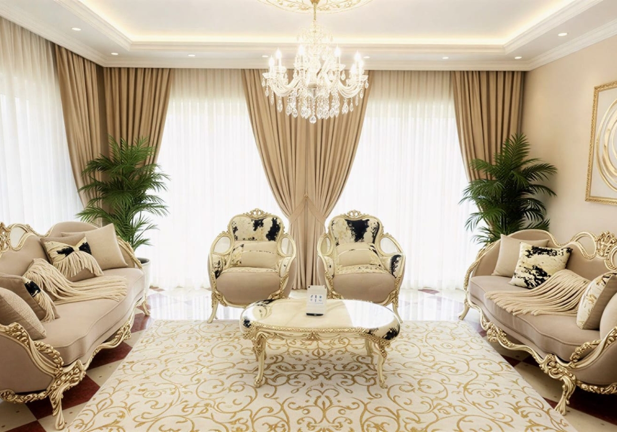 Premium Royal Gold & Beige Living Room Set – (Classic Luxury Look)