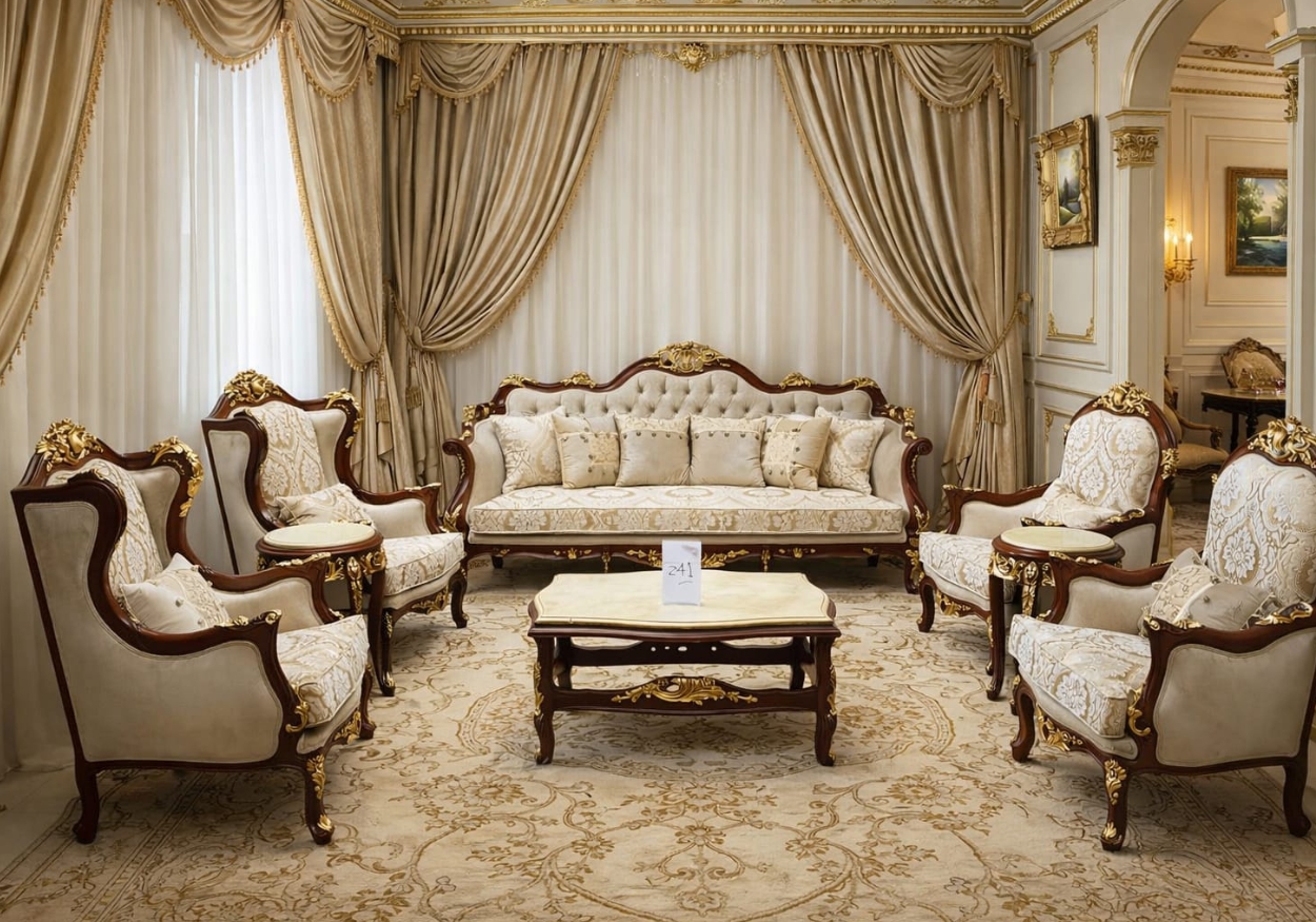 Grand Traditional Living Room Set | Hand-Carved Royal Mahogany & Gold Accents